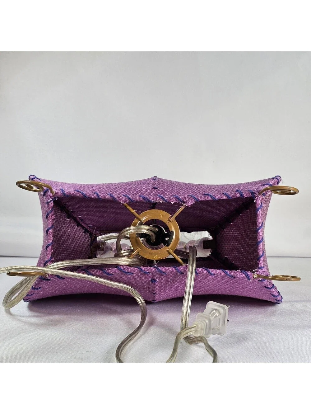 Vintage Novelty Purse Accent Lamp Purple Fabric Faux Fur Beaded Handle Kitschy